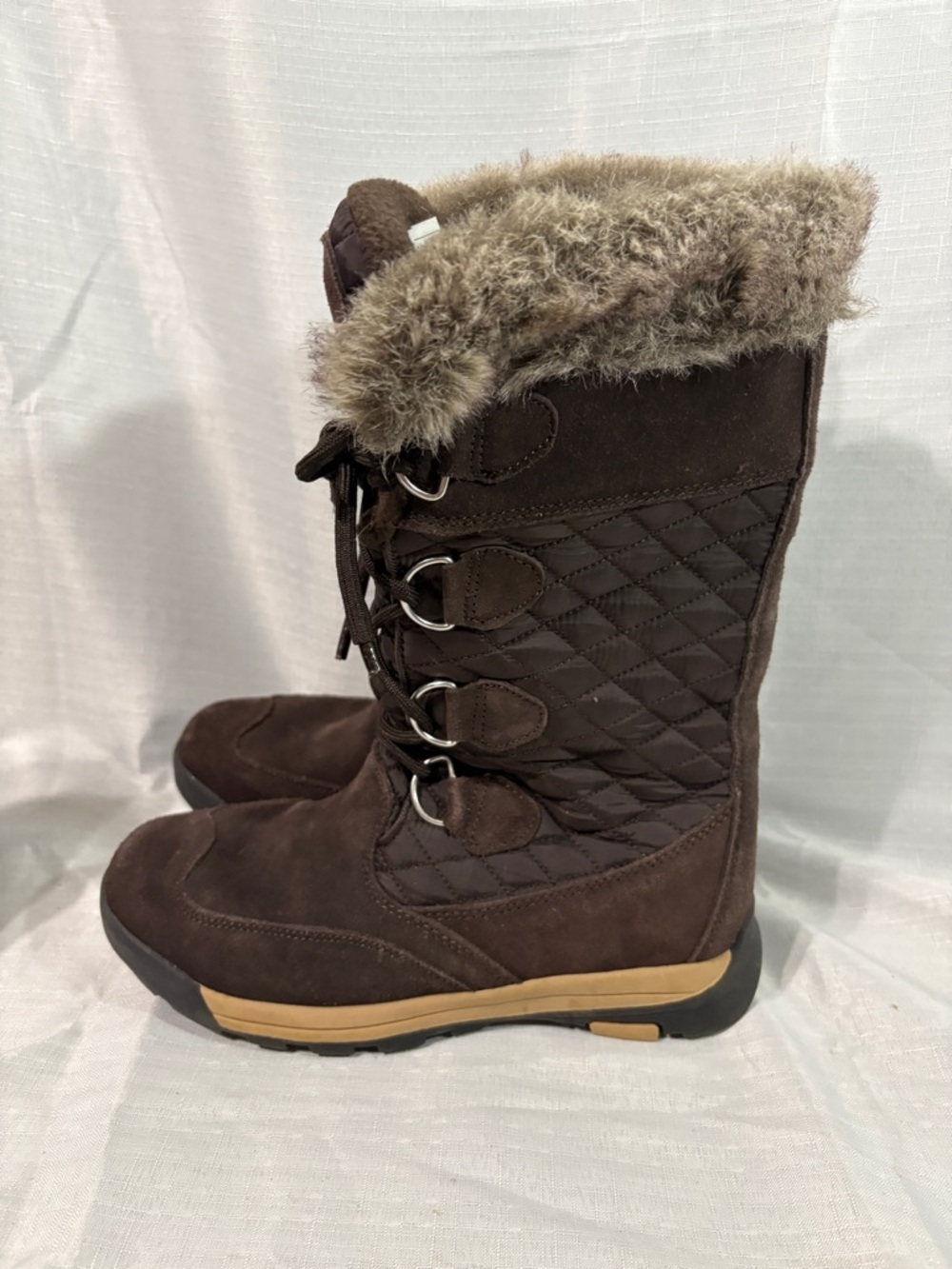Lands' End Brown Quilted Lace-Up Faux Fur Winter Boots